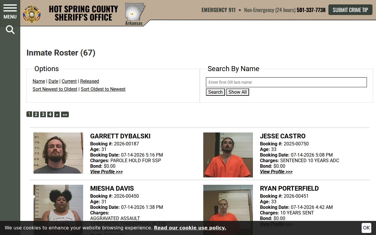 Hot Spring County current inmate roster interface with booking and bond fields