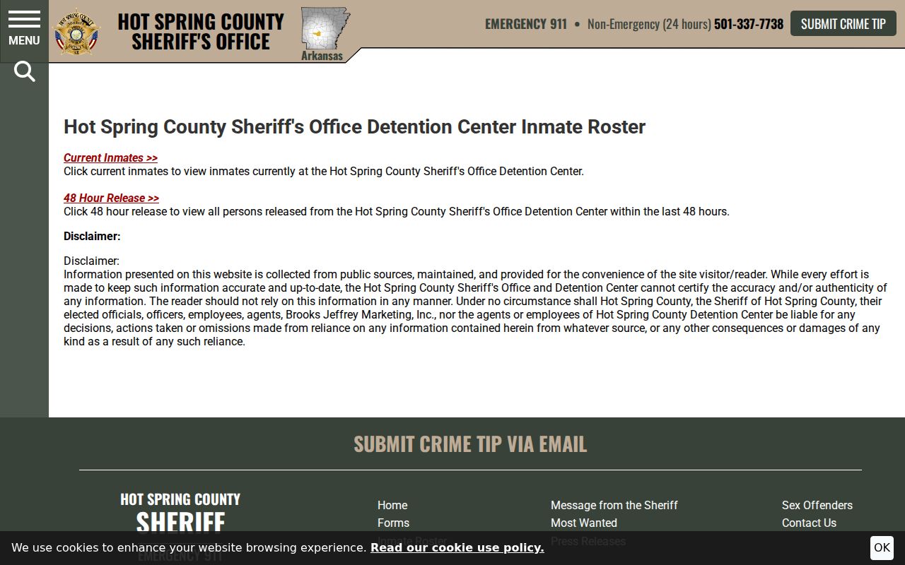 Hot Spring County inmate roster gateway with current inmate and release roster links