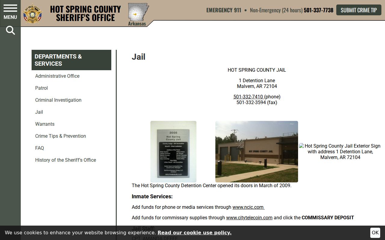 Hot Spring County Jail page with detention center address and contact information