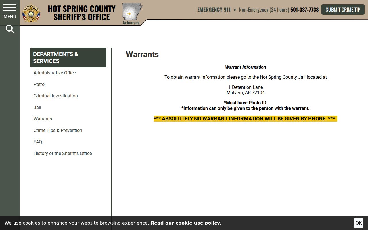 Hot Spring County sheriff warrant information page requiring in-person checks with photo ID