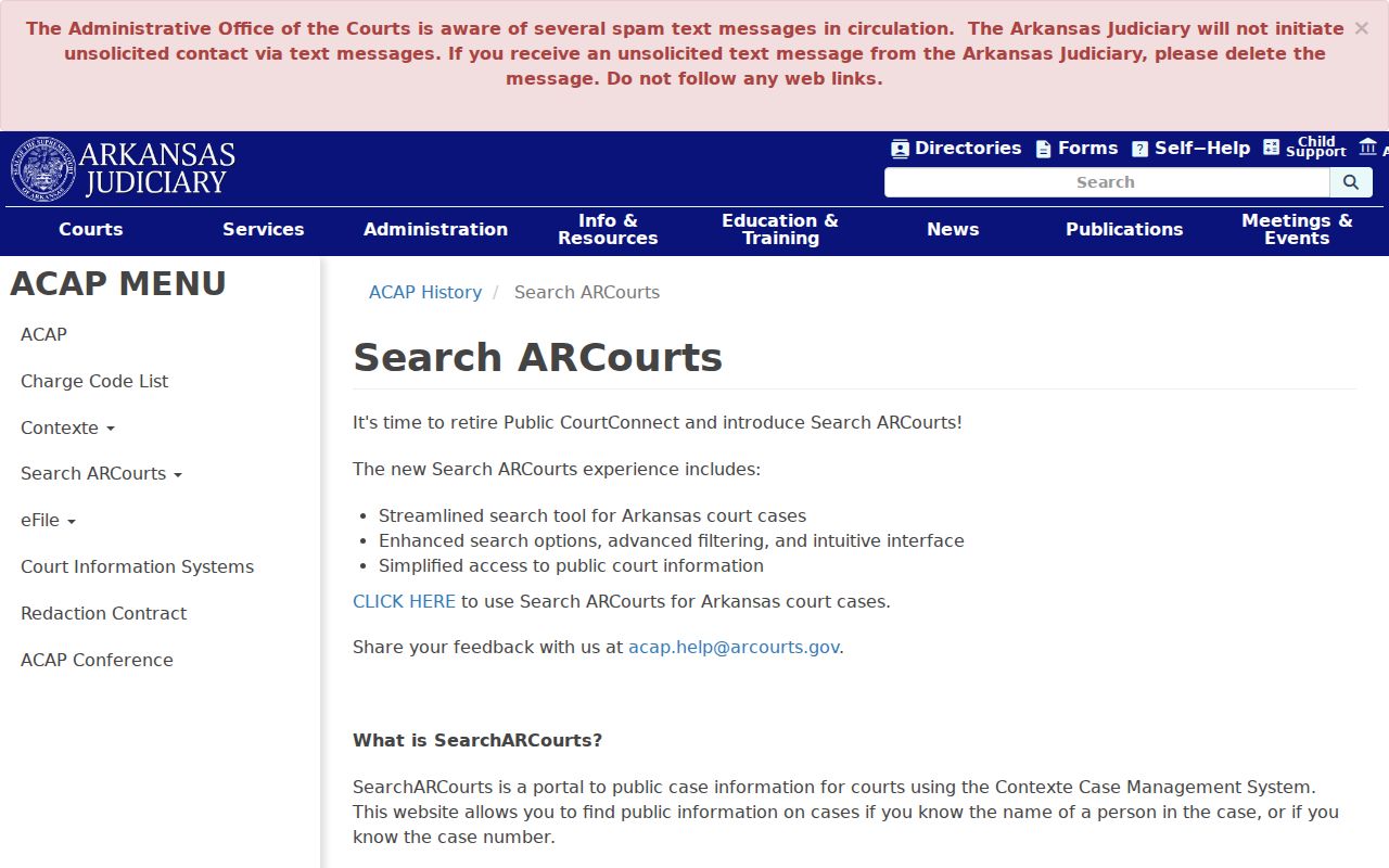 Arkansas Judiciary information page for Search ARCourts public case fields
