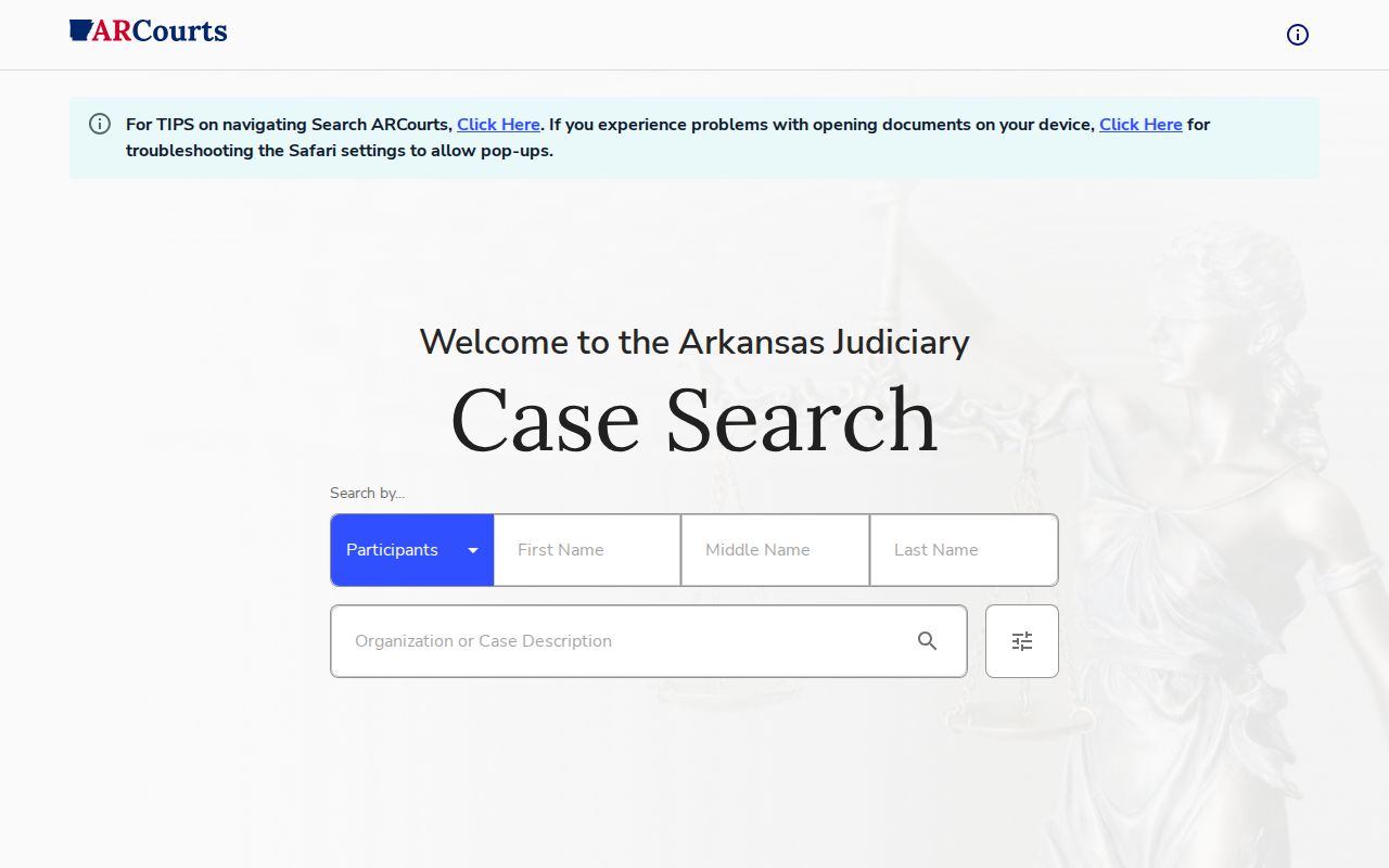 Search ARCourts case-search interface for Arkansas court records