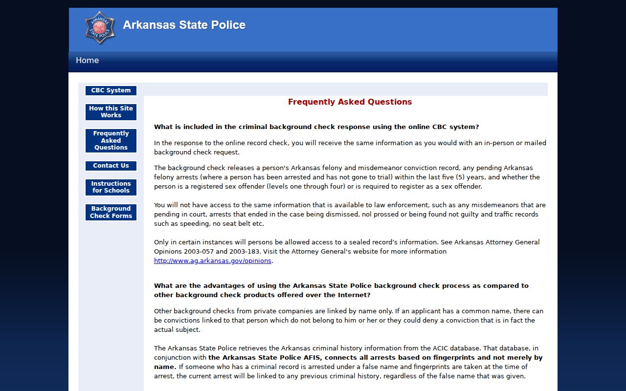 Hot Spring County criminal history Arkansas CBC FAQ page