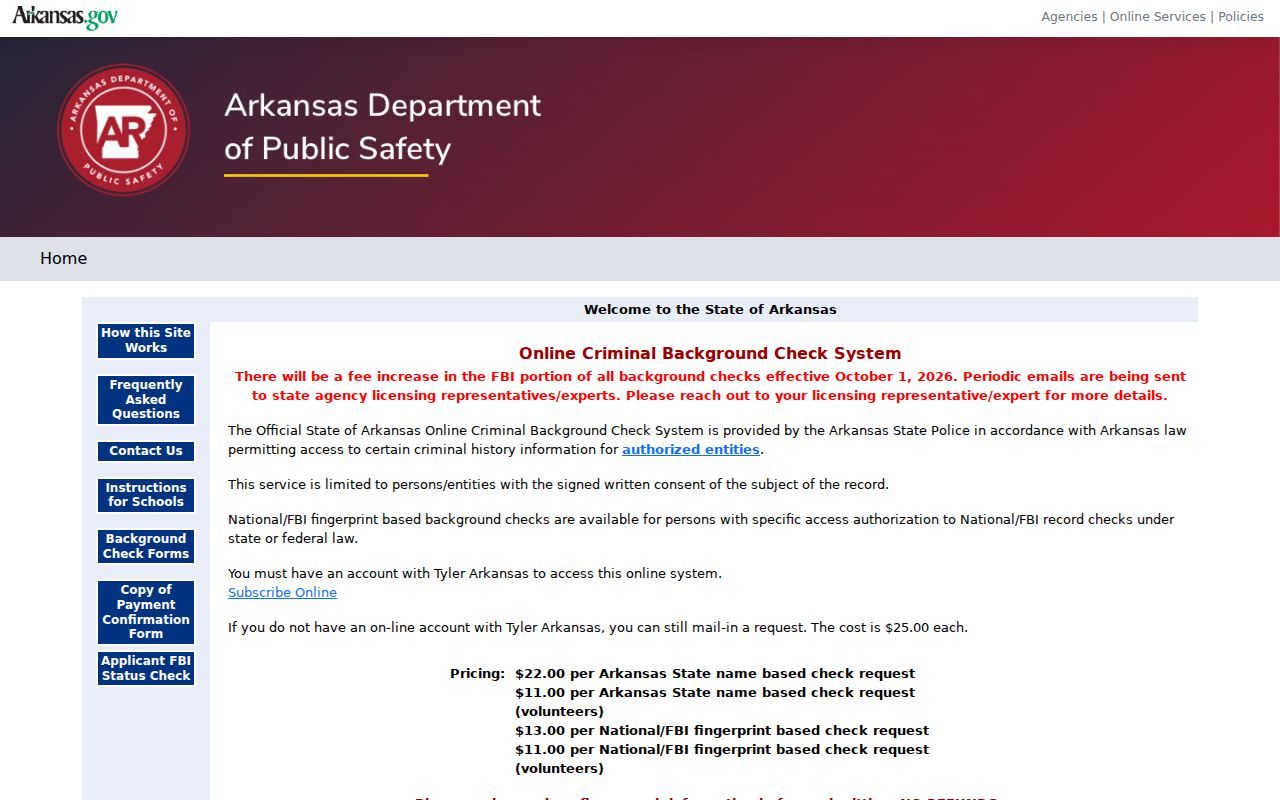 Hot Spring County criminal history Arkansas CBC login page