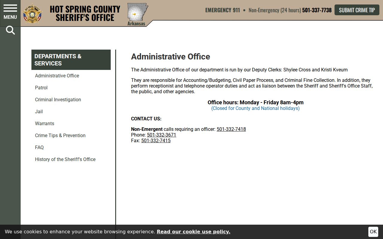 Hot Spring County criminal records sheriff administrative office page