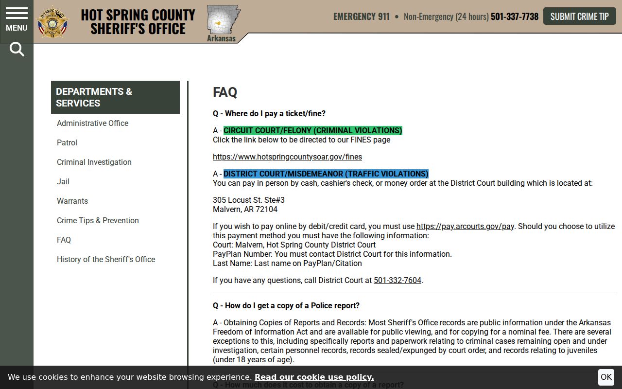 Hot Spring County criminal records sheriff FOIA FAQ