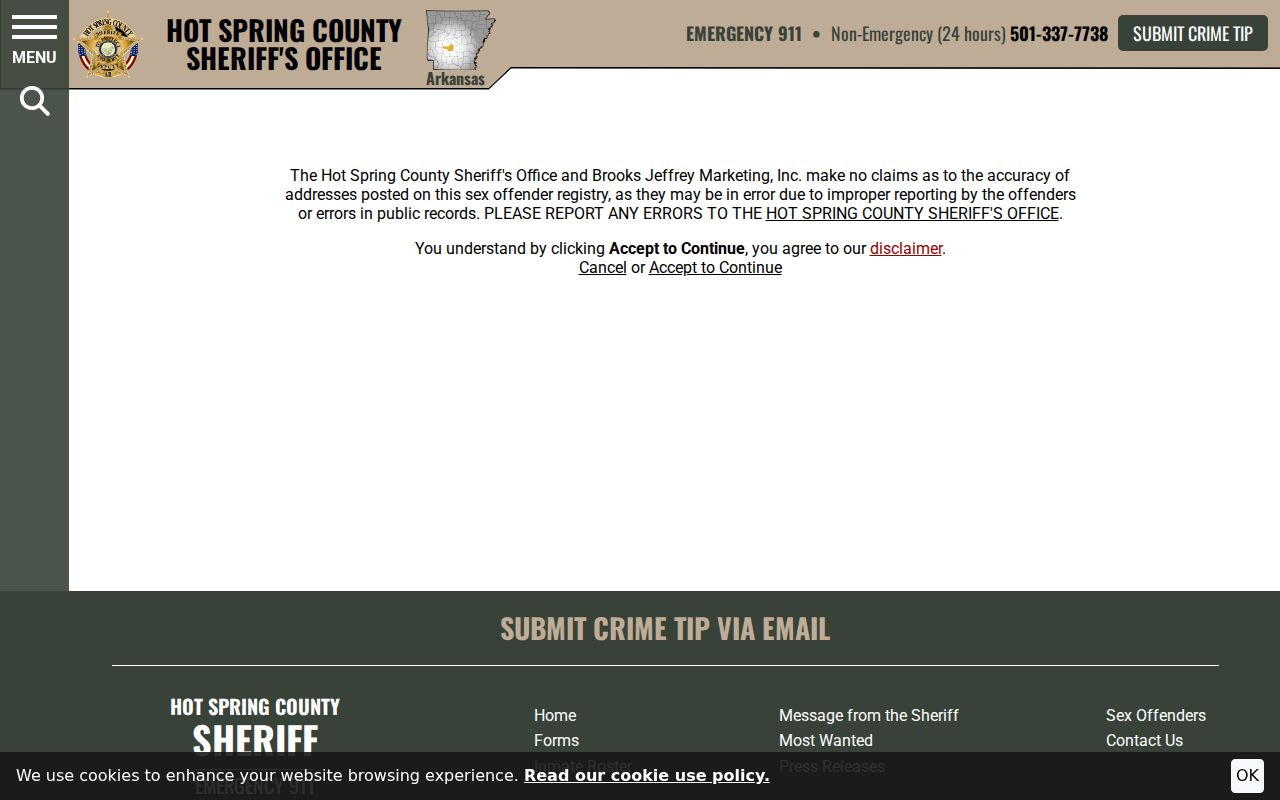 Hot Spring County sex offender check local sheriff disclaimer